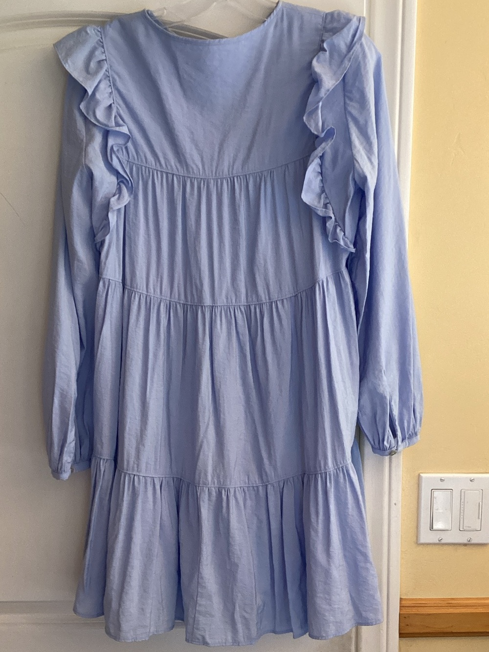 Merlette Soliman Tiered Pima Cotton Mini Dress Light Blue Rhinestone Button